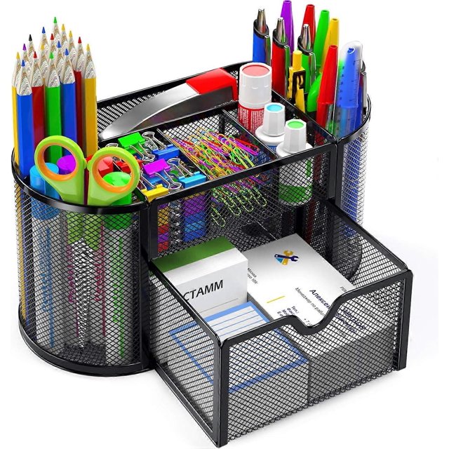 Desk Organiser, Mesh Desk Tidy & Pen Holder with 8 Compartments and 1 Drawer, Stationery Organisers