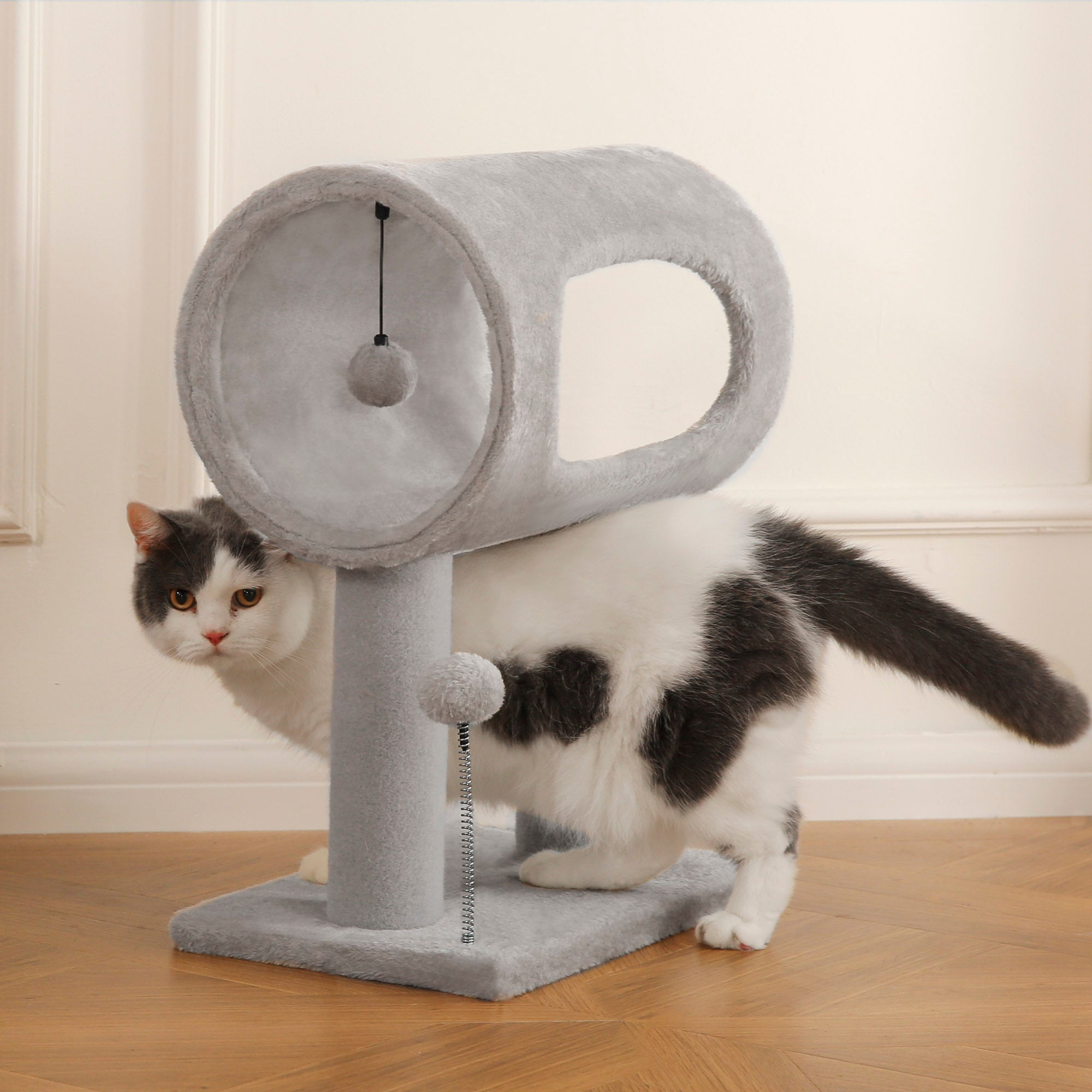 Cat Craft Cat Scratching Post with Tunnel Bed & Hanging Ball, Carpet & Engineered Wood, Light Gray, Animal