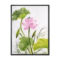 Designart 'Single Vintage Pink Lotus Flower With Green Leaves' Traditional Framed Canvas Wall Art Print