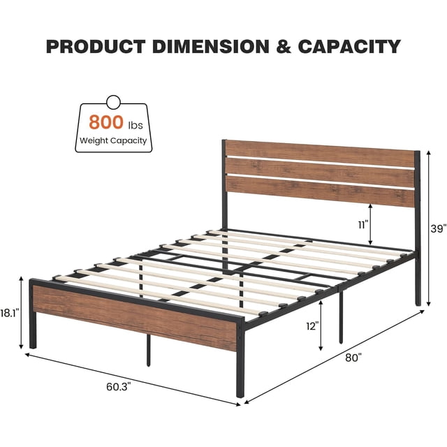 Amyove queen marco de cama con de madera cabecero y footboard, metal platform support, under cama almacenamiento in rustic brown