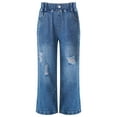 thumbnail image 3 of DPOIS Kids Girls Ripped Jeans Elastic Waistband Wide Leg Denim Pants Trousers Blue 13-14, 3 of 7
