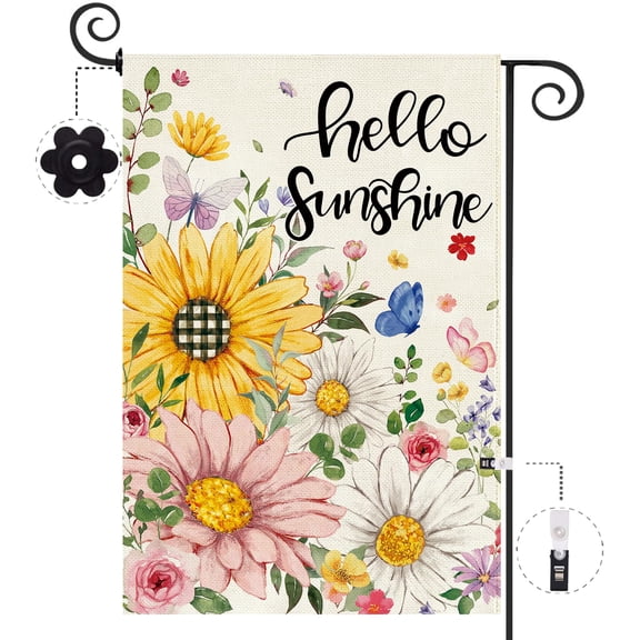 Sunflowers Daisy Spring Summer Garden Flag 12.5x18 Double Sided Burlap Hello Sunshine Farmhouse Outdoor Yard Decoration