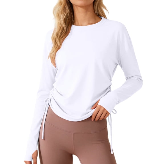 FUYUDY Women Blouse Loose Fit Drawstring Yoga Tops Long Sleeve Workout Shirt For Running Gym Athletic Breathable Casual Activewear Fashionable Female Solid Color Dailywear