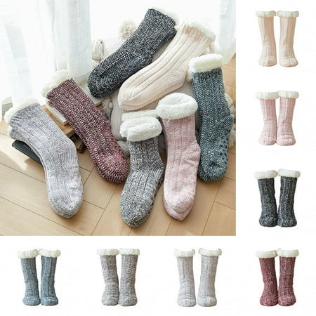 

Zhaomeidaxi Non-slip Winter Socks Plus Velvet Thickened Warm and Comfortable Multi-style Solid Color Christmas Socks Slippers Socks Daily Sleep Socks Wine Red 2 Pairs