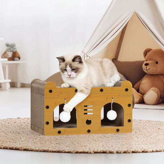 2‑Tier Cat House with Scratching Pad, 17.7" Cat Bed with Hanging Balls for Indoor Cats Up to 22 lbs