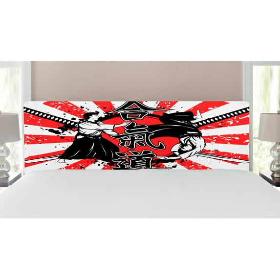 Japanese Headboard, Crossed Samurai Hieroglyph Background 2 Ronin Ai o Eastern Fight Style, Upholstered Decorative Metal Bed Headboard with Memory Foam, King Size, Orange Black White, by Ambesonne