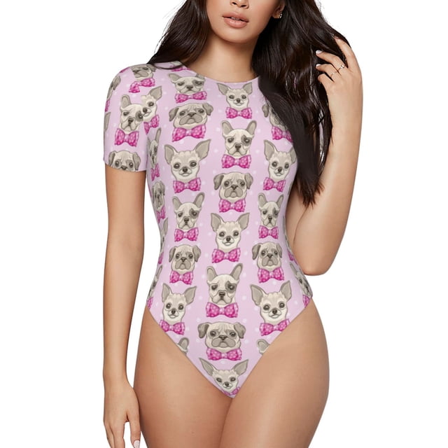 Lsque Mignon Chiot Pyjama Col Rond Manches Courtes Justaucorps Basique T-Shirts Hauts Grenouillère Adulte Mignon - Grand