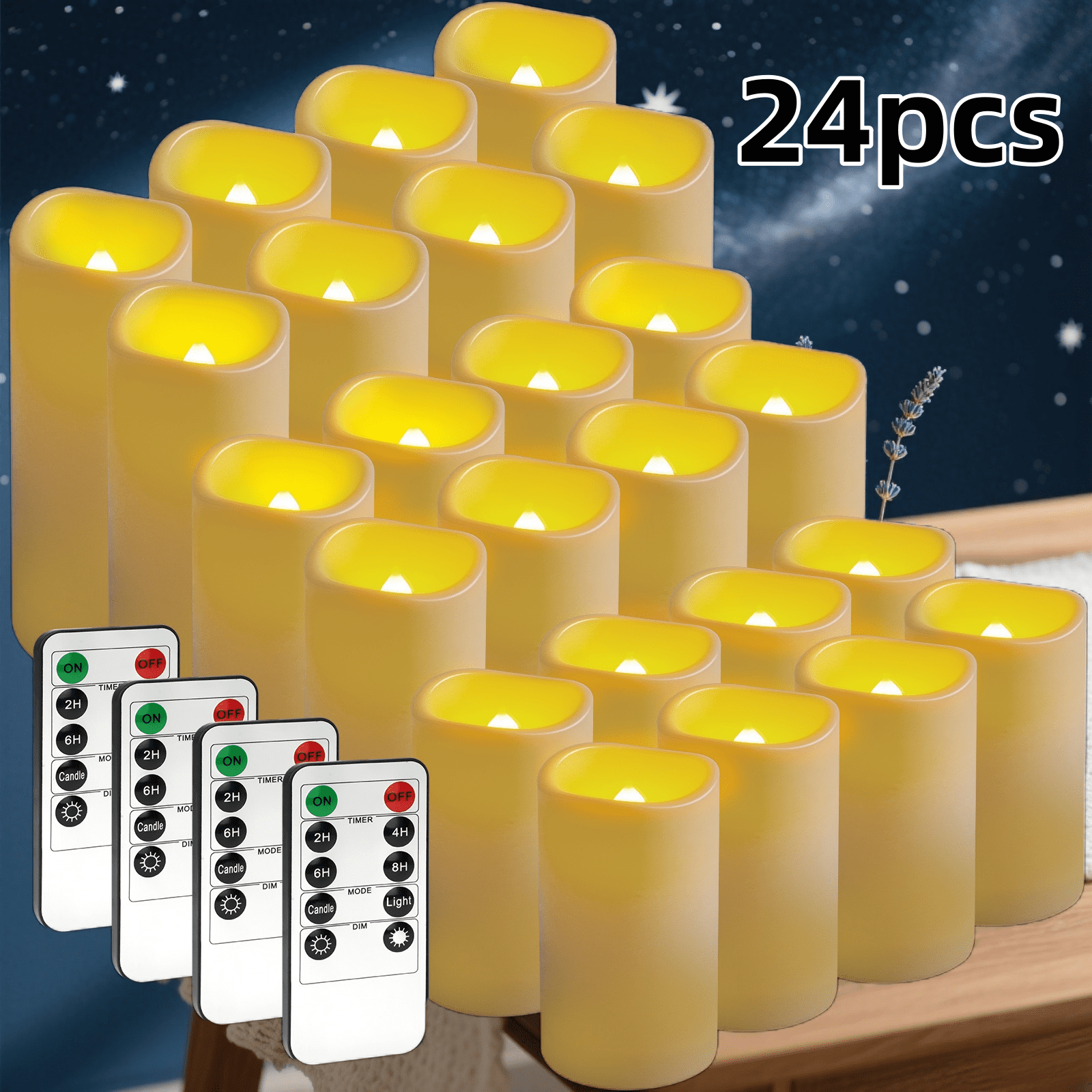 24 Pack LED Flameless Candles (Ivory) - Slim Tall Pillar, Plastic Flickering, 2 Remote Controls, for Wedding HalloweenBirthday Decor