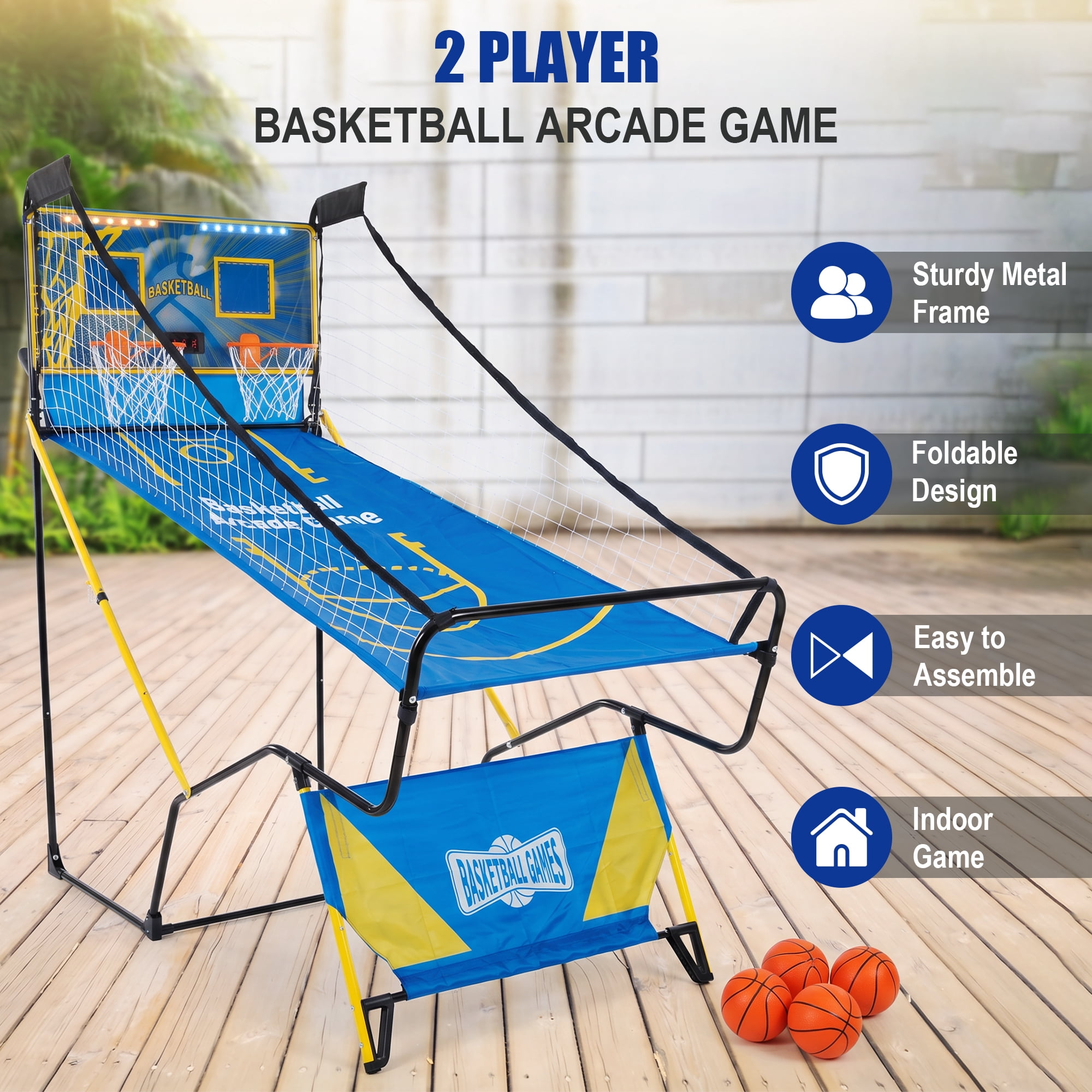 Foldable Dual Shot Basketball Arcade Game with LED Electronic Scorer, 4 Mini Basketballs & Hand Pump Included, Two-Player Indoor Shooting Game for Kids Teens Family Game Night