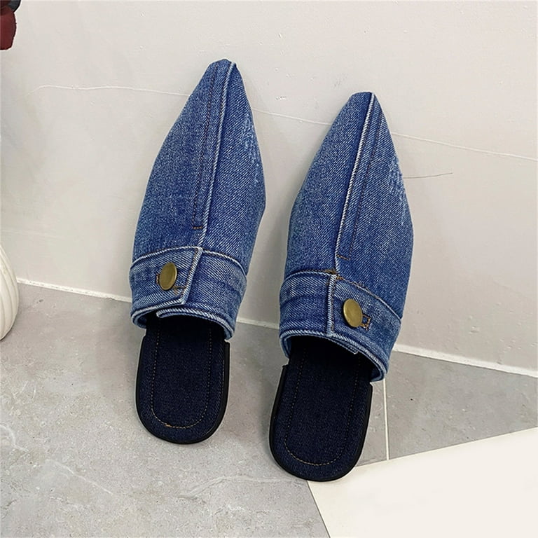 Aayomet Womens Casual Slip on Shoes Print Ladies Fashion Solid Color Denim  Half Slippers Pointed Toe Flat Casual Shoes,Blue 6.5 