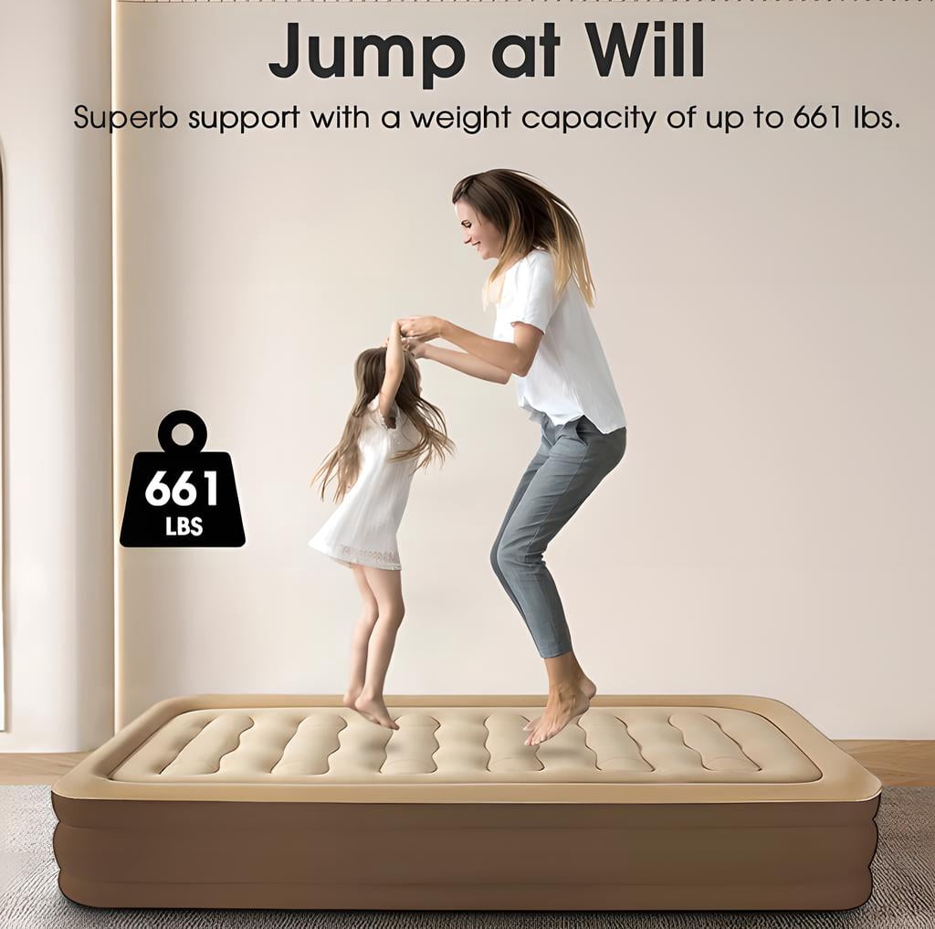 LIXI 18.9in Queen Air Mattress with Headboard &Pump ,  Inflatable Mattress Airbed for Home & Camping & Travel (Brown)