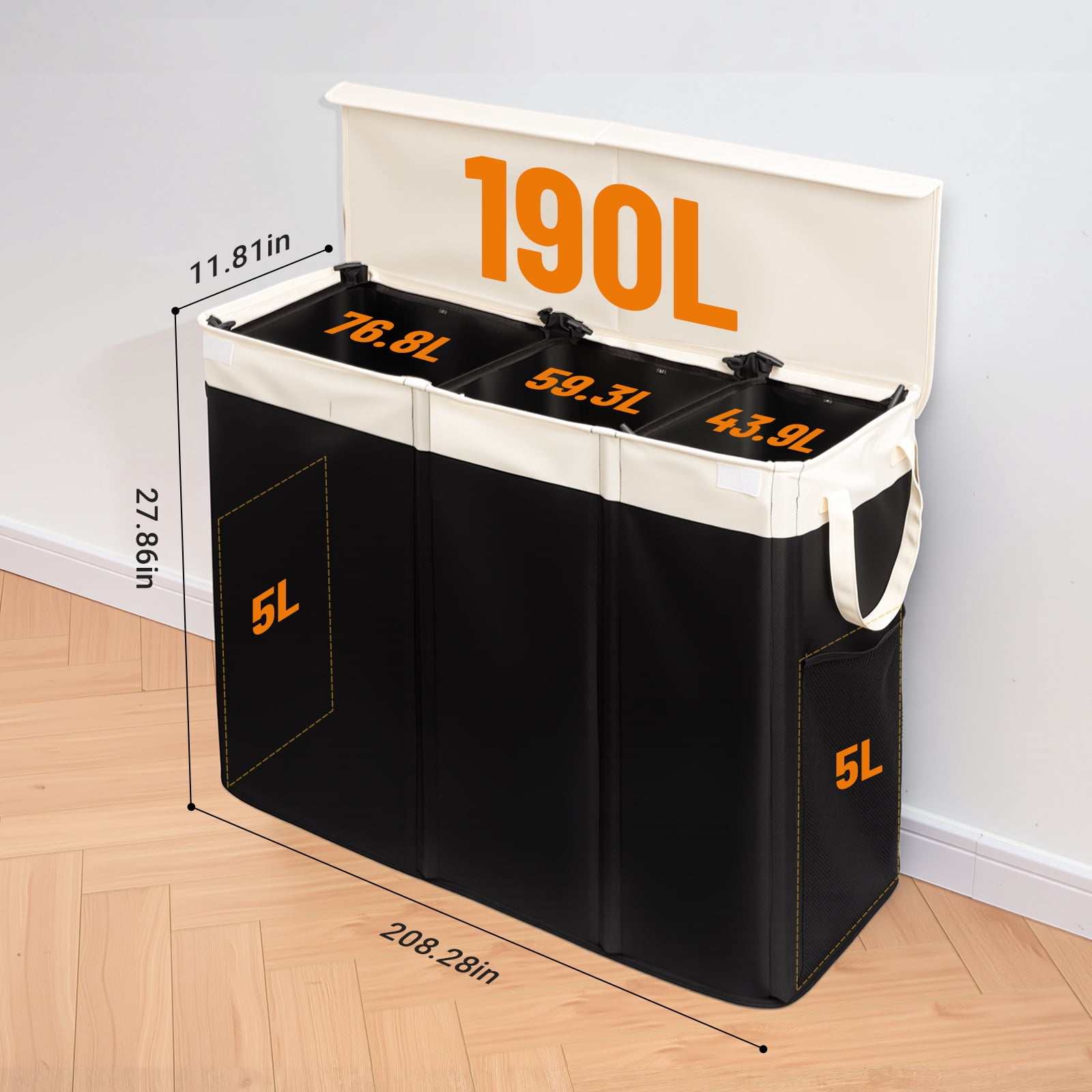 Large Laundry Hamper with Lid, 3-Bin Laundry Baskets with Removable Bags,190L
