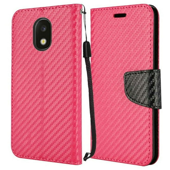 GSA Carbon Flip Wallet Case For Samsung Galaxy J3 (2018), J337, J3 Star, J3 Achieve & Express Hot Pink/Black