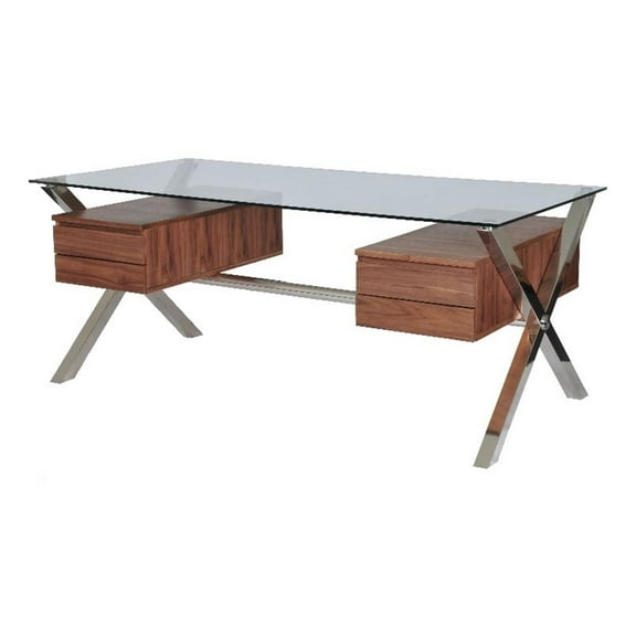 Pemberly Row Large Modern Tempered Glass & Wood Veneer Desk in Walnut