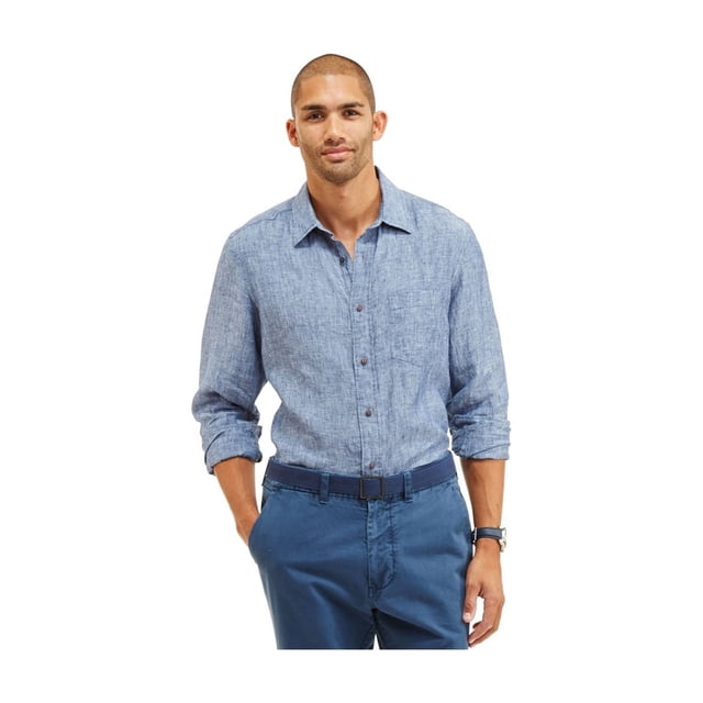 Nautica Mens Solid Linen Button Up Shirt, Blue, XX-Large