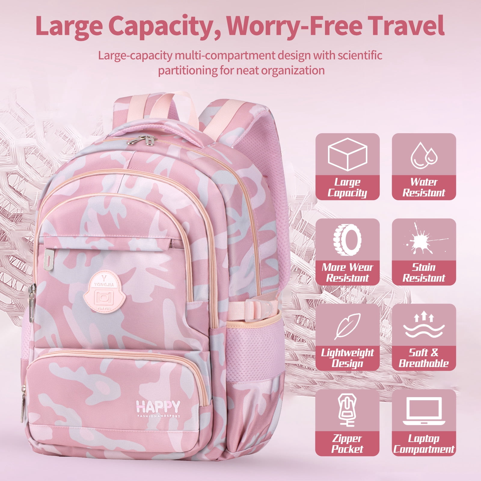 Ficcug Girls School Backpacks,Fashion School Bag for Kids Teens,35L Waterproof Students Bookbags for Elementary Middle,Pink