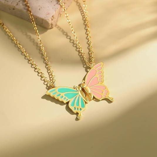 Gold Blue Pink Butterfly Necklace Set - 2 Piece Matching Friendship Necklaces for Women, Minimalist Jewelry，necklaces for women gold necklace necklace jewelry women christmas gifts