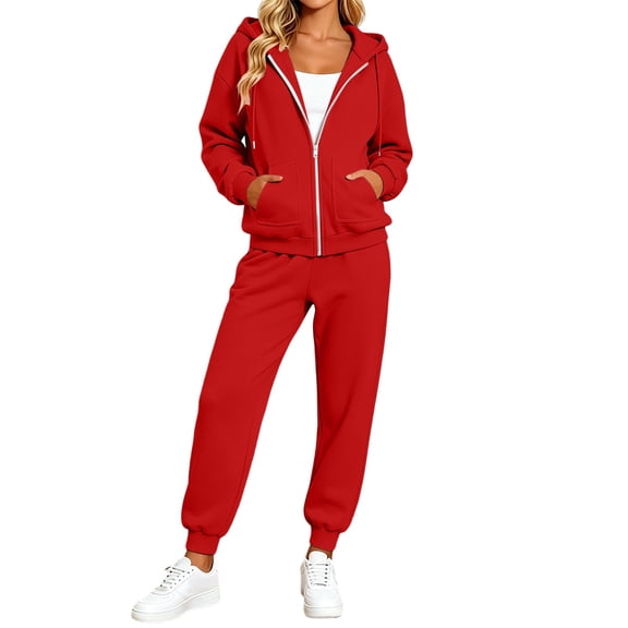 vdgthytj Sweatsuits Women 2 Piece Outfit Full Zip Drawstring Hooded Jackets Jogger Pants Fall Winter Casual Athletic Sets(X-Large,Red)