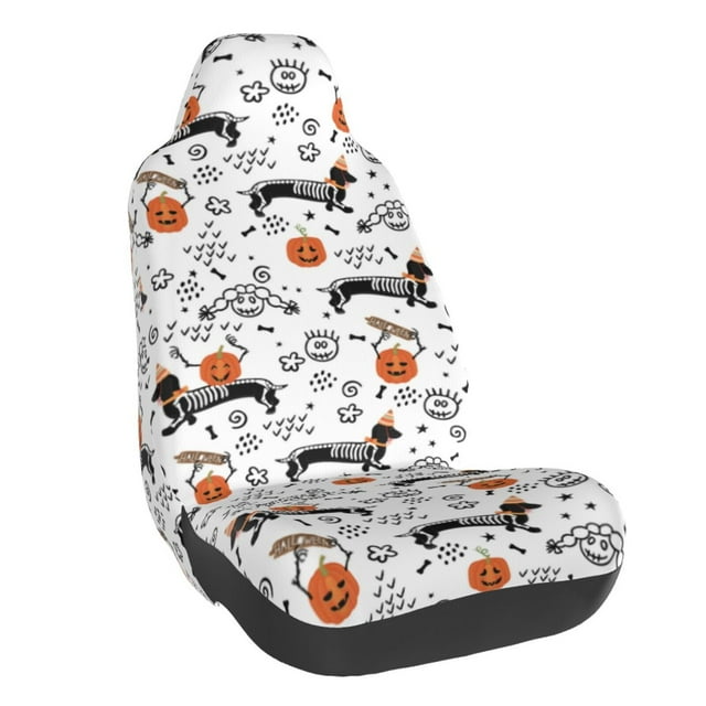 Wukai Halloween Dachshund Full Set Car Seat Covers with Soft Padding Universal Auto Front Seats Protector and Cushion Mat