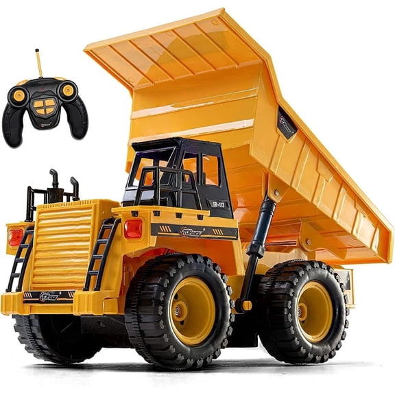 1:18 Yellow RC Dump Truck Toy with Lights, Sounds and Lifting Bed, Ages 3 