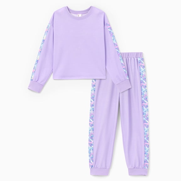 PatPat Kids Clothing 2 Piece Outfit Set Long Sleeve Top Pants Floral Side Print Purple 7-8Y