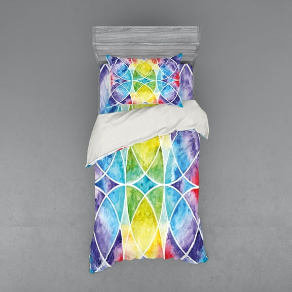 Geometry Duvet Cover Set, Design of Egyptian Surrounding Partial Circular Arcs with Motley Effects, Bedding Set with Shams and Fitted Sheet, 3 Sizes, by Ambesonne