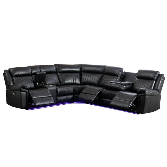 Hybition Power Reclining Sectional Sofa PU Leather L-Shaped Sofa -Black