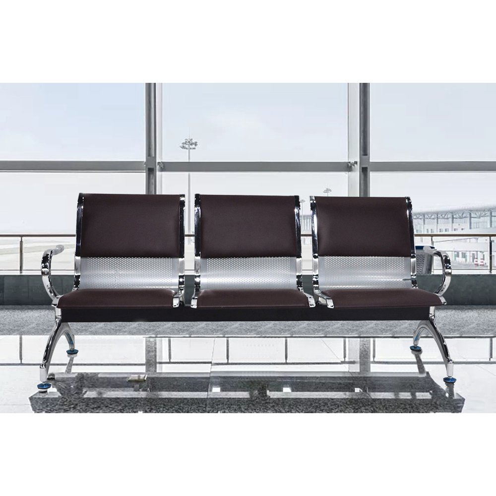 3 Seat Bench Heavy Duty Office Airport Waiting Room Chair with Brown PU