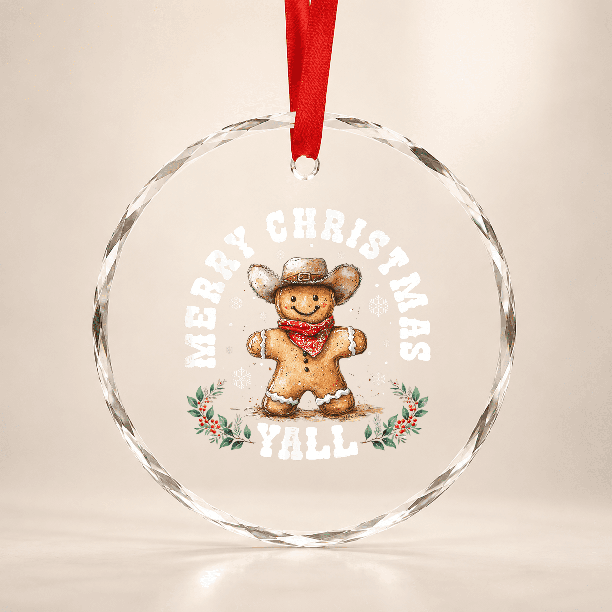 Merry Christmas Yall Gingerbread Cowboy Western Xmas Glass Ornament