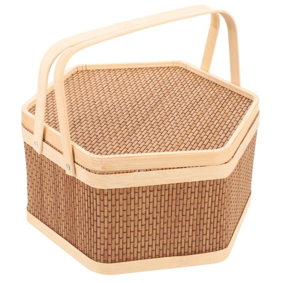 HOMEMAXS Lidded Bamboo Basket Food Fruit Storage Rattan Women Handle Brown