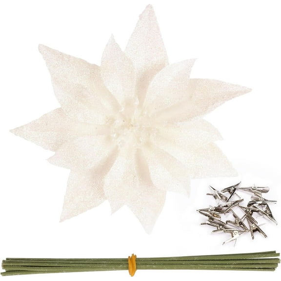 12 Pcs Christmas Tree Decor Flowers Glitter Artificial Poinsettia Flowers with Clips and Stems for Xmas Wedding Party Wreaths Decorations, 6.7 Inch (White)