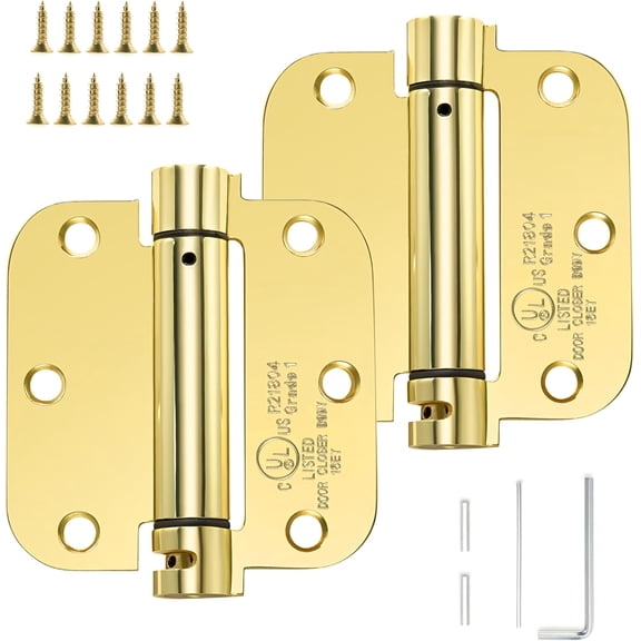 Self-Closing Door Hinge 3.5 Inch Rounded 5/8 Radius Interior, Spring Loaded Hinge Adjustable Tension for Garage Residential Standard Bedroom Indoor Doors, 2 Pack, Polished Brass