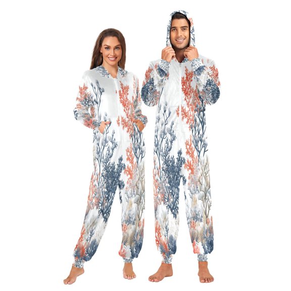 FORMRS Onesies Pajama for Adults Unisex Hoodie Winter Jumpsuit One Piece Sleepwear, Sizes S-2XL, White Sea Plants