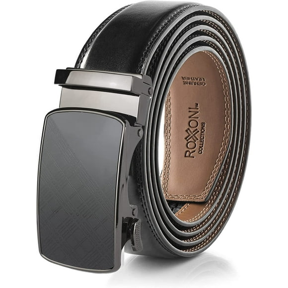 Roxoni Mens Genuine Leather Ratchet Dress Belt with Automatic Buckle Solid Design Black, Enclosed in an Elegant Gift Box