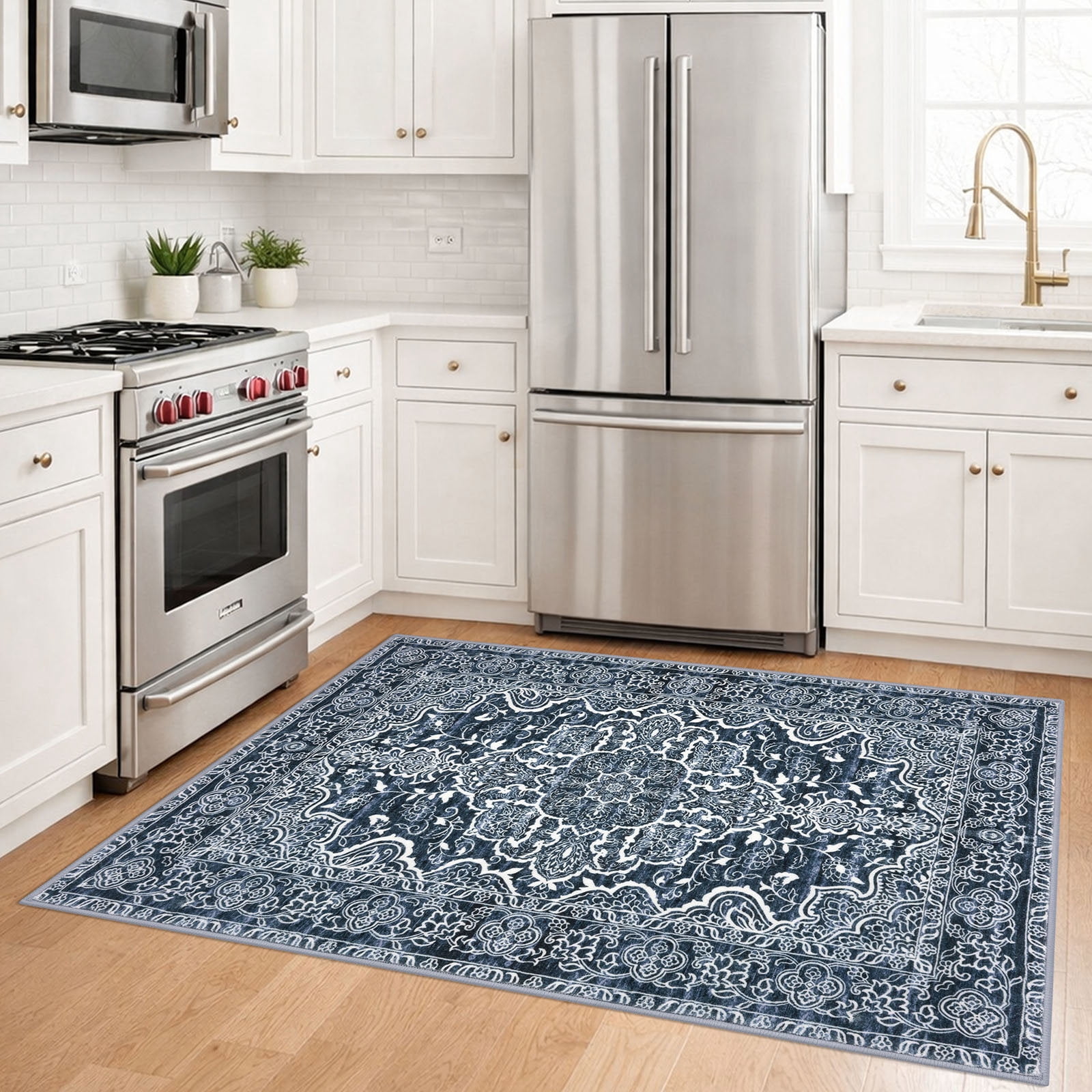 GLATTICE Washable Rugs 3x5 Navy Blue Area Rugs Vintage Floral Rug for Living Room Non-Slip Kitchen Rugs Soft Printed Distressed Entry Rug Low-Pile Throw Rug Carpet for Entryway Bedroom