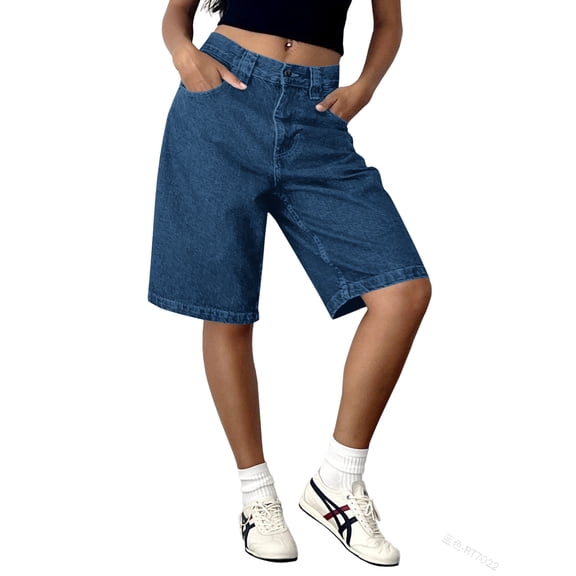 Women High Waist Denim Bermuda Shorts Loose Wide Leg Knee‑Length Jean Shorts