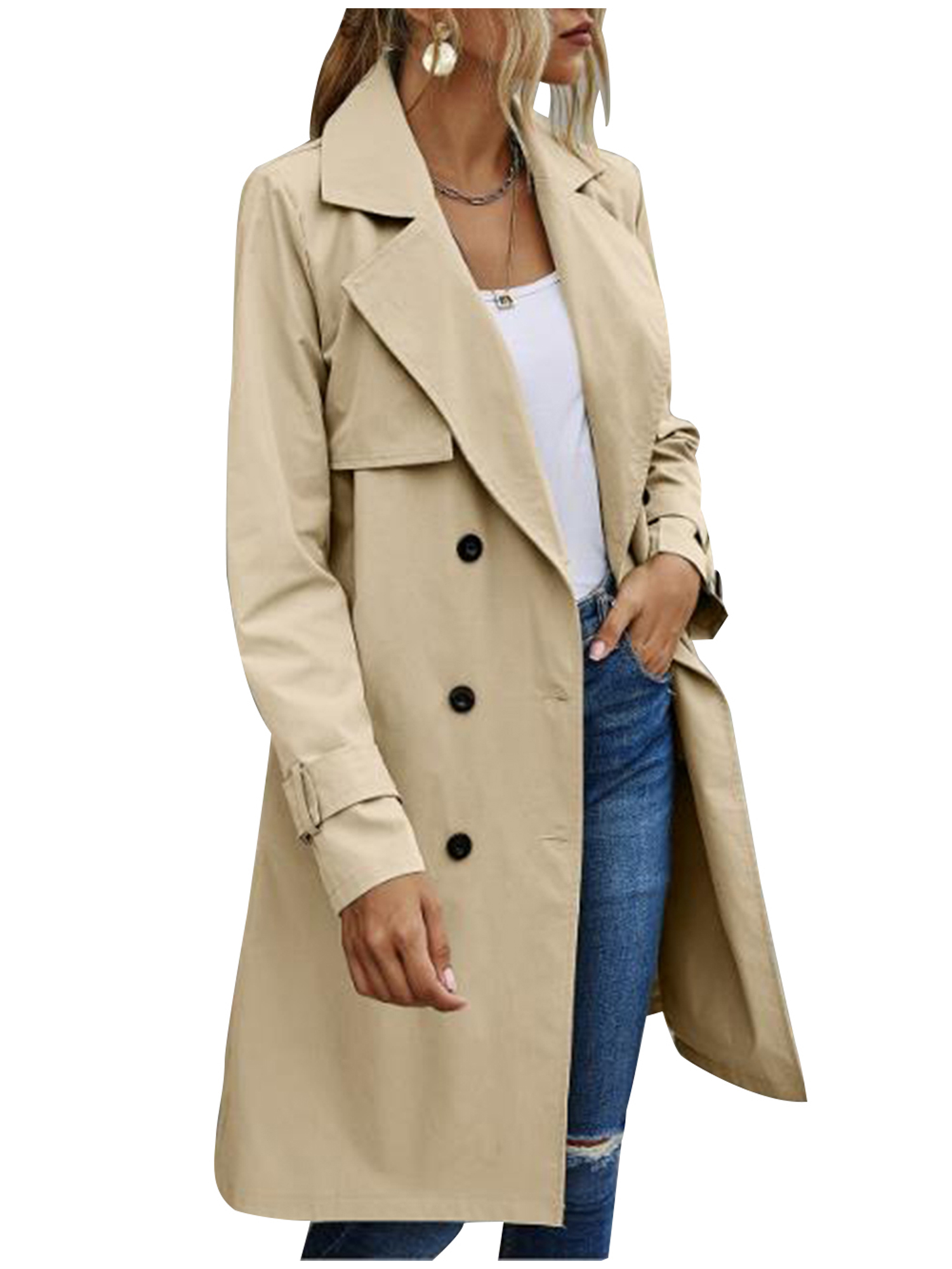 Spring hue Women Jacket Long Sleeve Lapel Double Breasted Belted Trench Coat - image 5 of 5