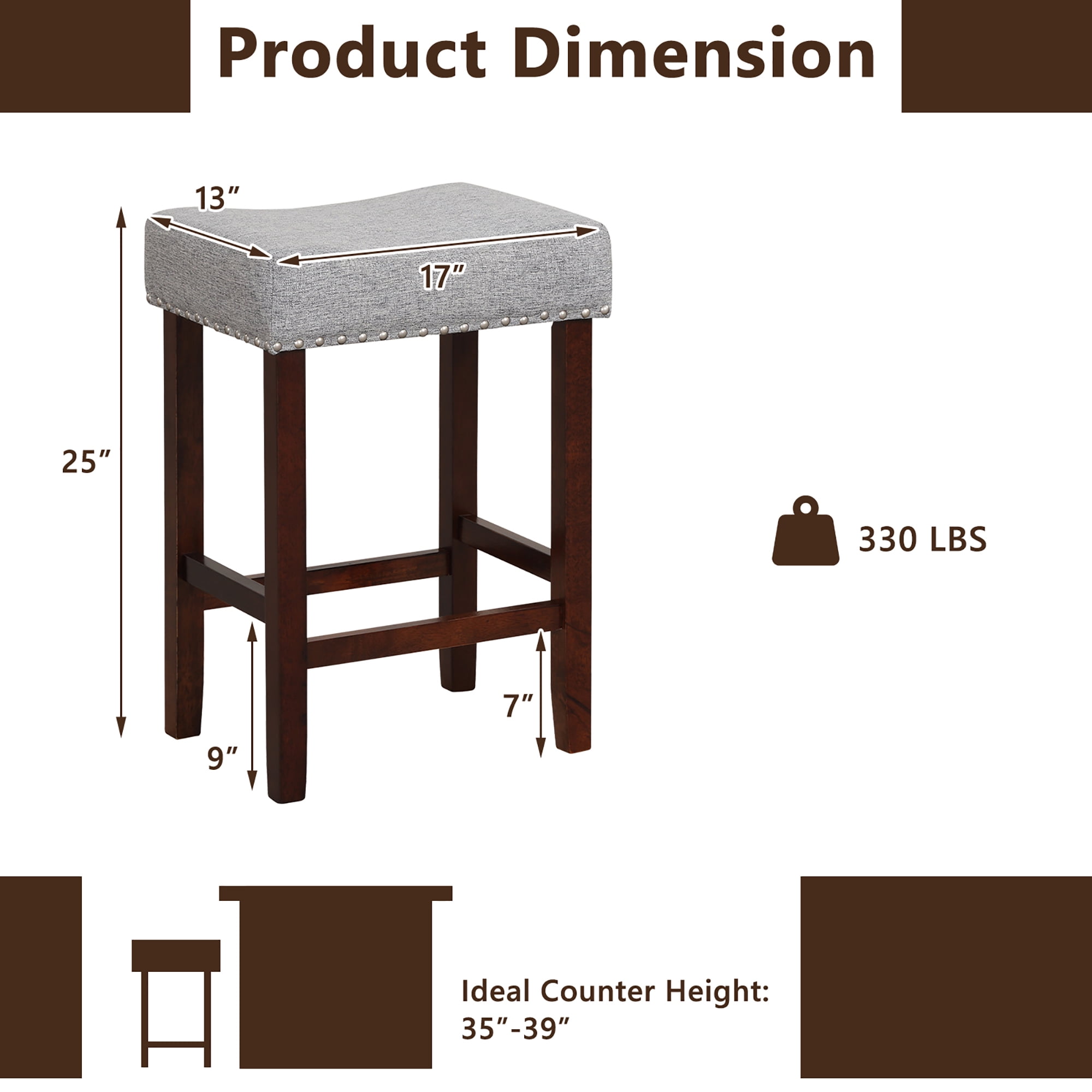 Costway Set of 2 Counter Height Bar Stools Saddle Kitchen Chairs with Wooden Legs Gray
