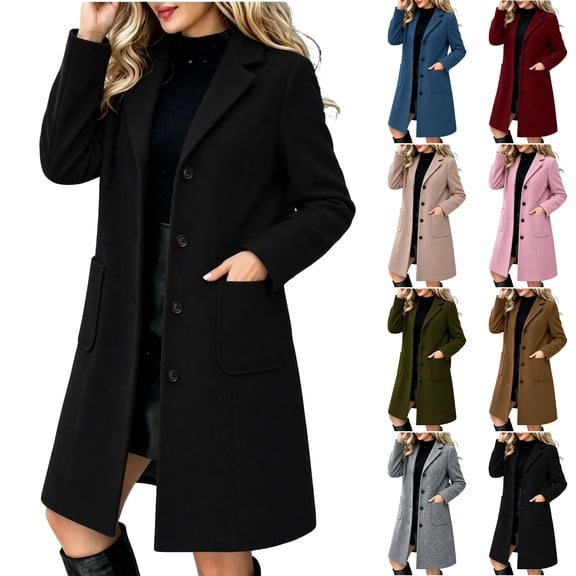 Husipze Womens Wool Blend Pea Coat Long Notch Lapel Overcoat Single Breasted Winter Coat Casual Warm Trench Coat Black S