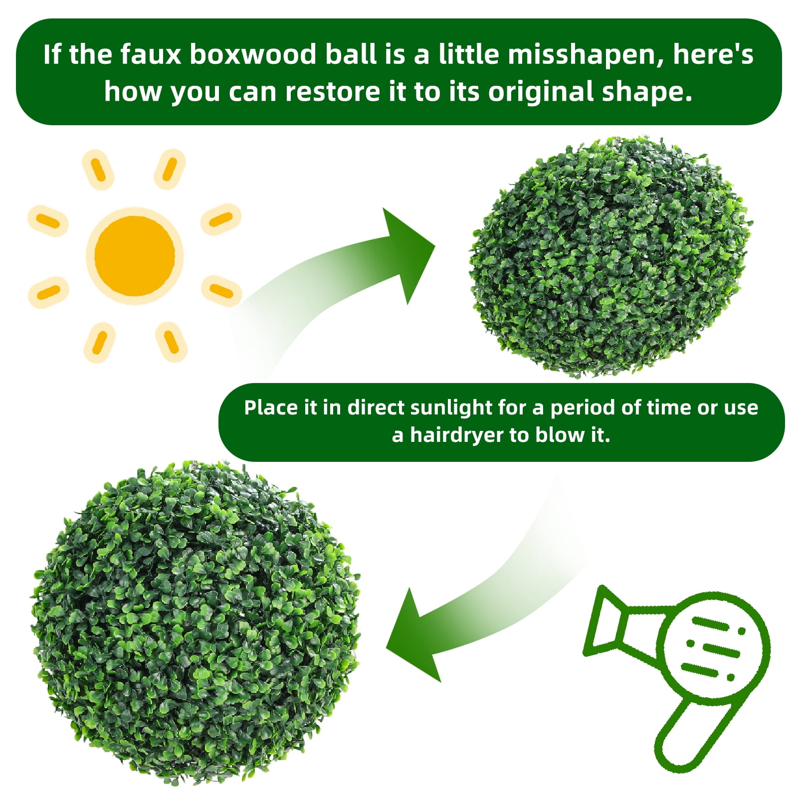 2 Pcs Faux Boxwood Balls, Artificial Outdoor Plant Topiary Balls, Fake Green Plants Decorative Spheres, for Front Porch Garden Backyard Balcony Wedding Home Decor, Green, 38cm/48cm