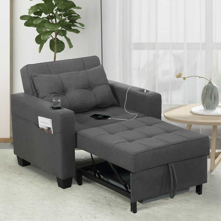 Pull Out Convertible Sleeper Sofa Bed With Storage Usb Port Cup Holder Side Pocket Pillow Adjule Backrest Dark Gray Size One