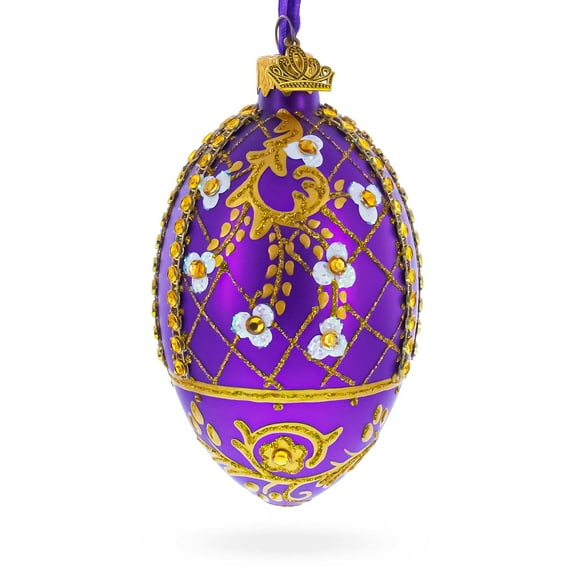 White Flowers on Purple Lattice Glass Egg Ornament 4 Inches