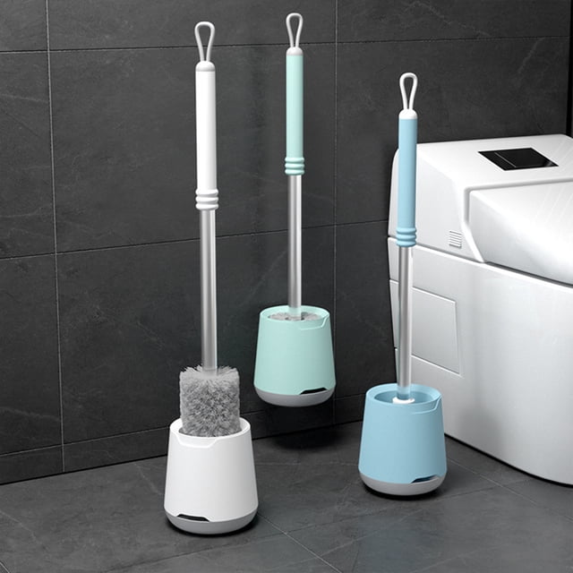 Cepillo de inodoro con cerdas duras - Kit de limpieza para mango largo, base de plástico, diseño moderno y compacto para limpieza de baños (blanco, azul o verde)
