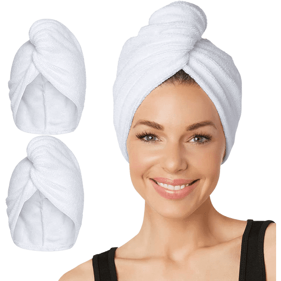 Turbie Twist Extra Long Microfiber Hair Towel Wrap - 2 Pack - For Women, Men & Kids - Travel & Bathroom Essential - Quick Dry Hair Turban for Curly, Long & Thick Hair (White, White)