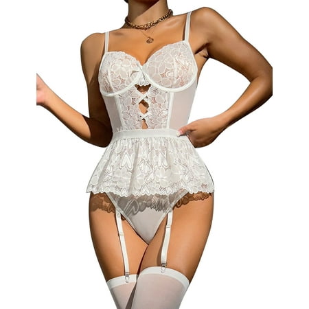 Women s One Piece Teddy Lingerie with Garter Belt V Neck Spaghetti Strap Bodysuit Underwire Sexy Top Snap Crotch Bodysuit Nightgown White L