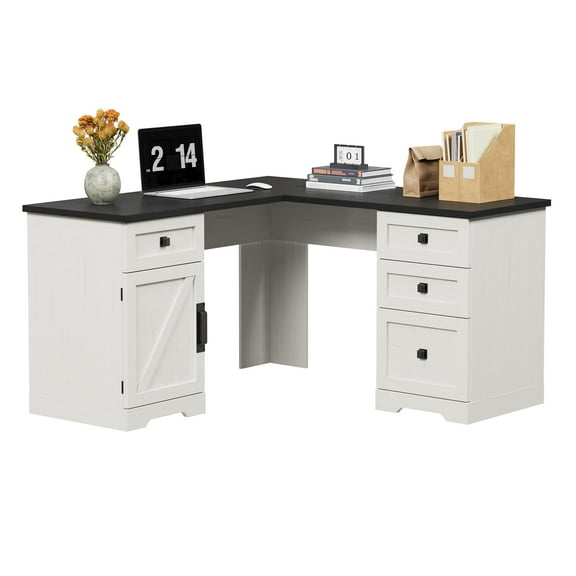 Ataucjin 60" Executive L Shaped Desk, Farmhouse Home Office Desk with File Drawers and Storage Cabinet, Corner Computer Desk with Adjustable Side Storage Cabinet