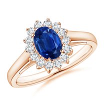 ANGARA Natural Princess Diana Inspired Blue Sapphire Ring with Diamond Halo in 14K Rose Gold for Women (Size-7x5mm) | September Birthstone, Anniversary, Jewelry Gift for Women | Natural Sapphire Ring