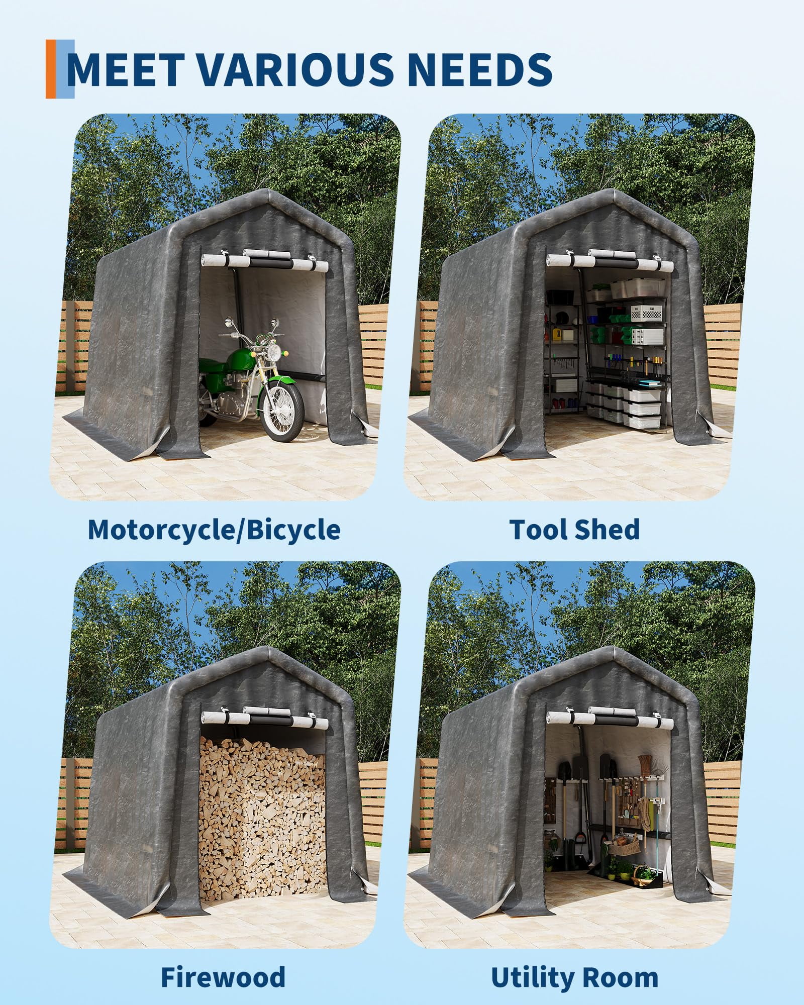 Mescukay 6 x 8FT Outdoor Storage Shed with Roll-Up Door & Vent, 240G Heavy-Duty Shelter Waterproof PE Tarp, UV-Resistant Storage Sheds for Motorcycle, Firewood, Garden and Tools
