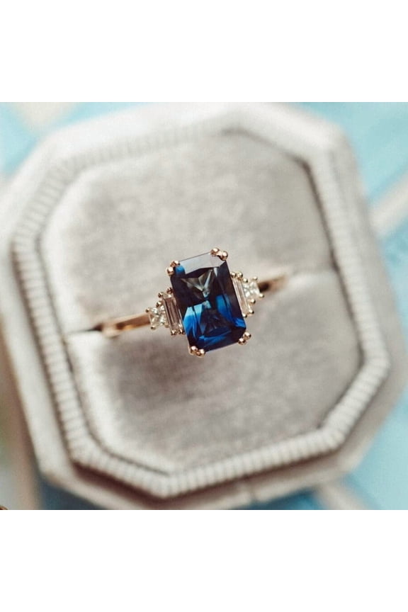 Emerald cut Blue Sapphire Engagement Bridal Ring, Baguette Moissanite Wedding Ring, Anniversary Promise Ring, Gift For Women