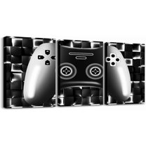 Hieng Video Game Canvas Wall Art Set Of 3 For Teen Boys Bedroom Gamer Wall Decor,Gaming Geometric Check Pictures Poster Prints,Neon Black Green Gamepad Paintings For Office Living Room